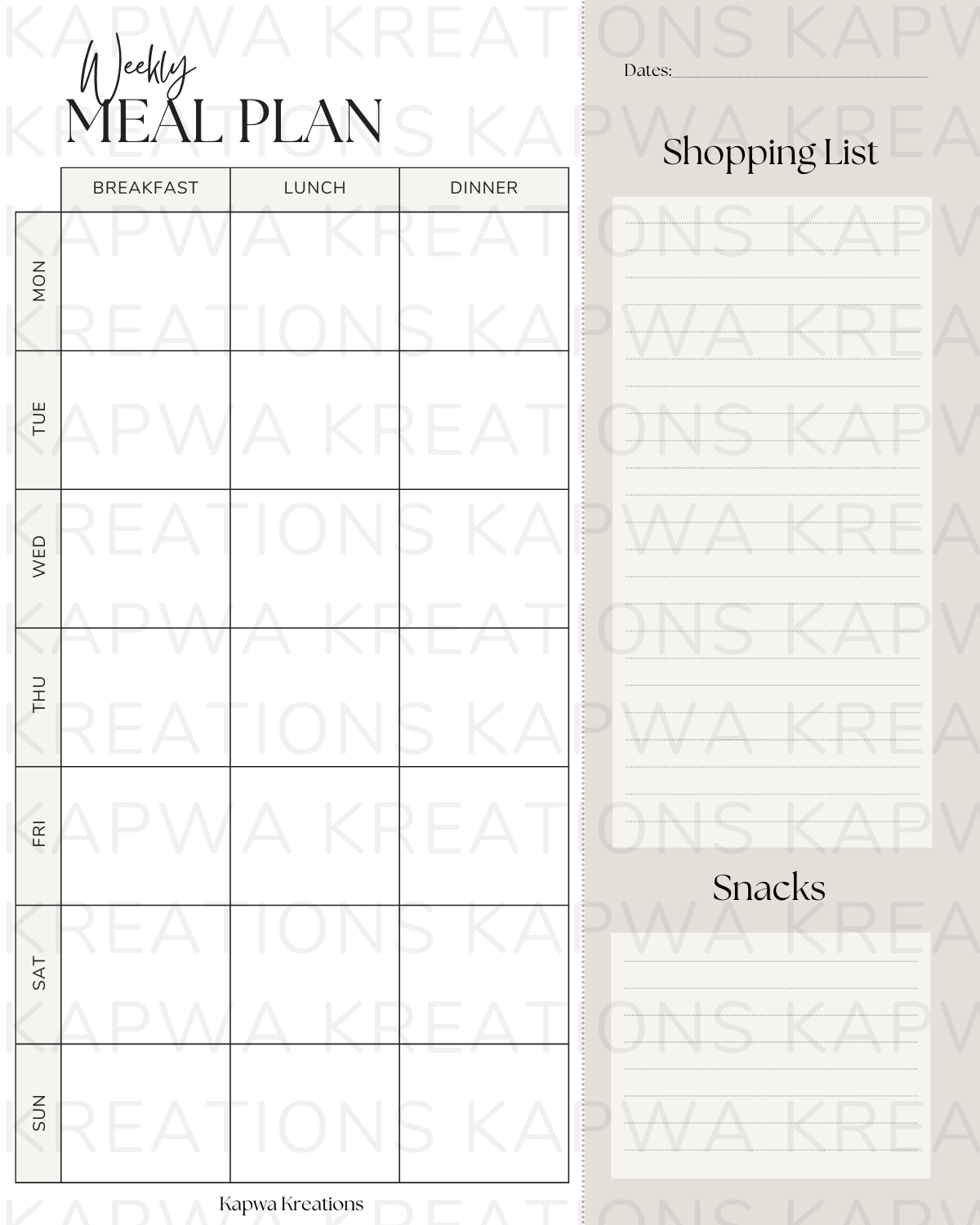 Weekly Meal Plan || FREE Digital Download / Journal Insert